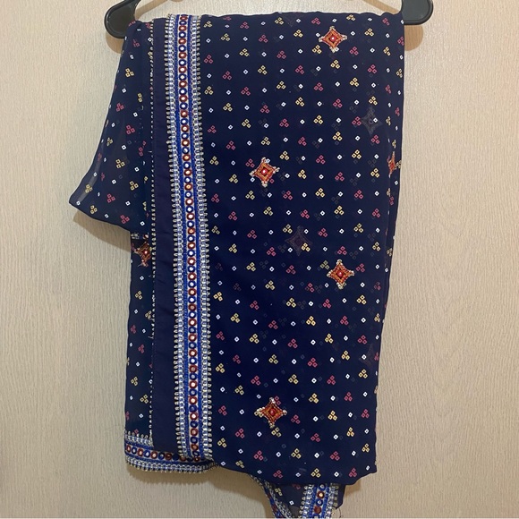 Navy Blue Indian Sari Saree with Mirror Work Trim and Embroidered Details - Picture 1 of 4